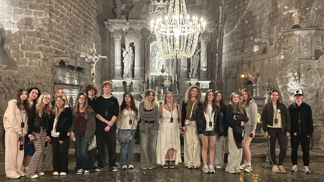 students in a group at the salt mines