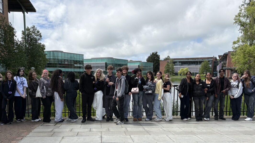 Large group of students at Edge Hill uni on the Applied science trip